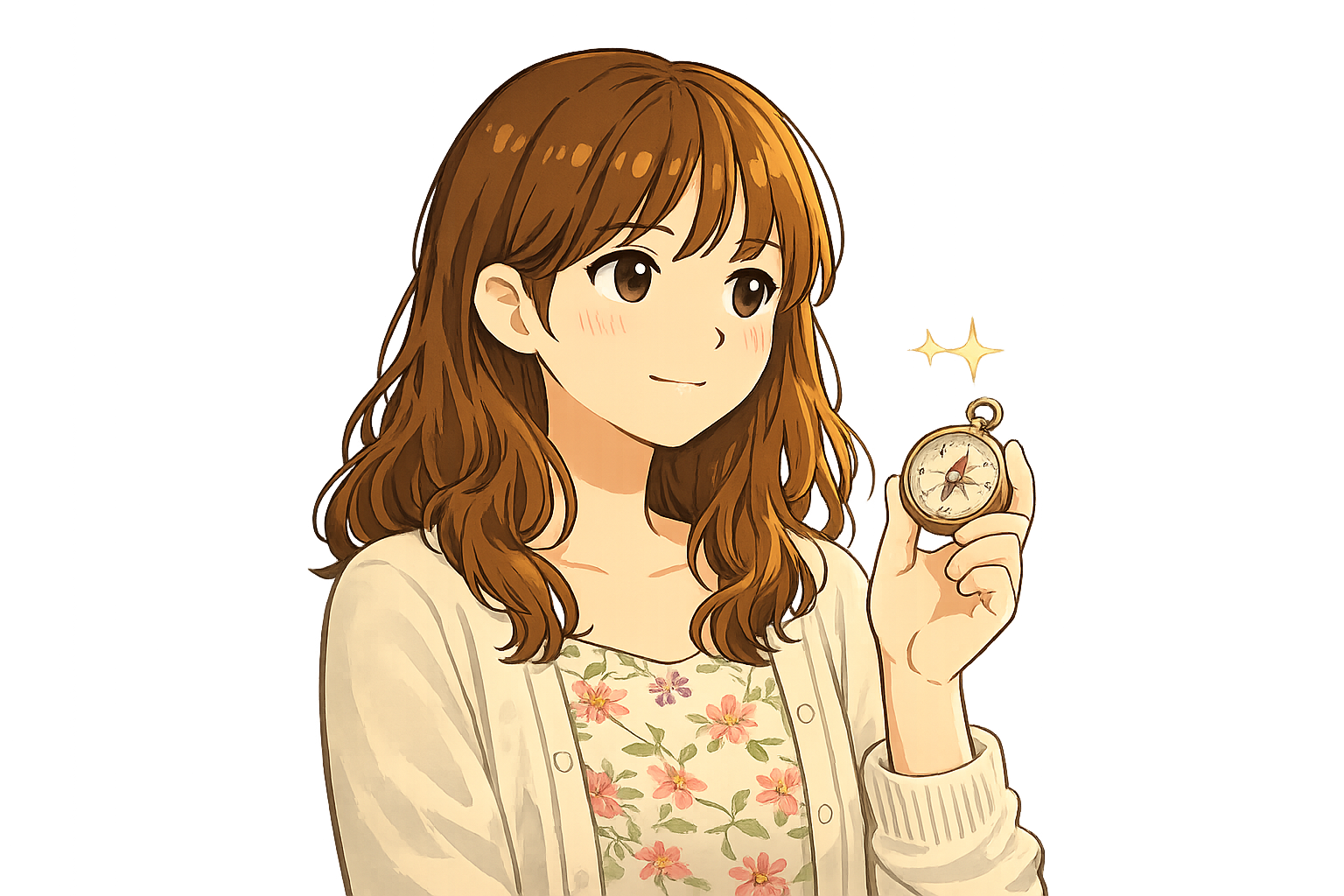 婚活で変わる方向を見直すことを象徴する、コンパスを持つ咲さんのイラスト